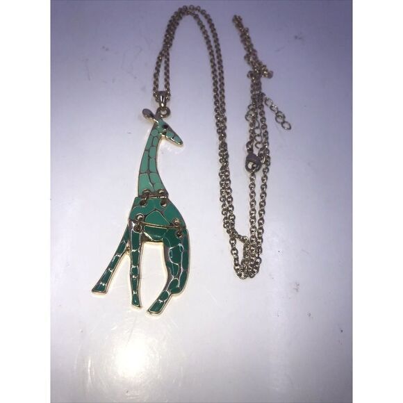 Giraffe Necklace Pendant Gold Tone Chain and Trim Green Enamel Moveable. - Picture 4 of 7